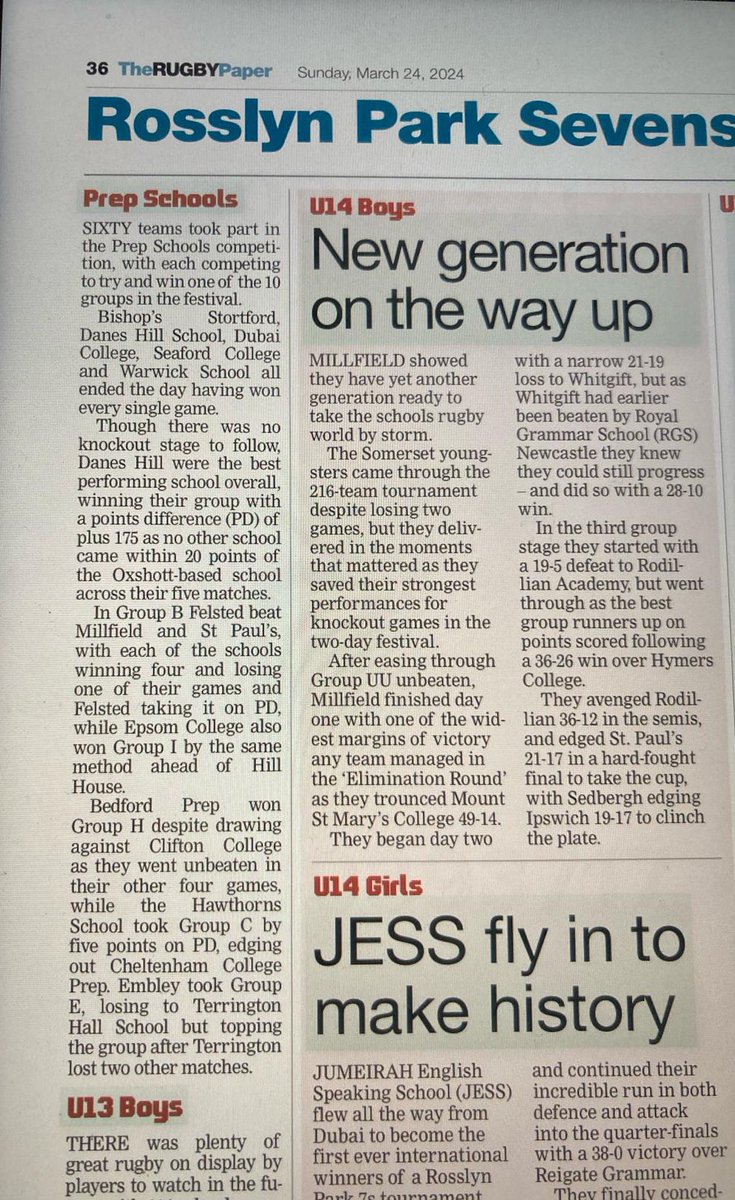 Superb to see our U13 Sevens Squad get a mention in the <a href="/TheRugbyPaper/">The Rugby Paper</a> today. 

The boys did superbly well to win 5 from 5 in their group and it’s great that this and others who topped their groups have been recognised.