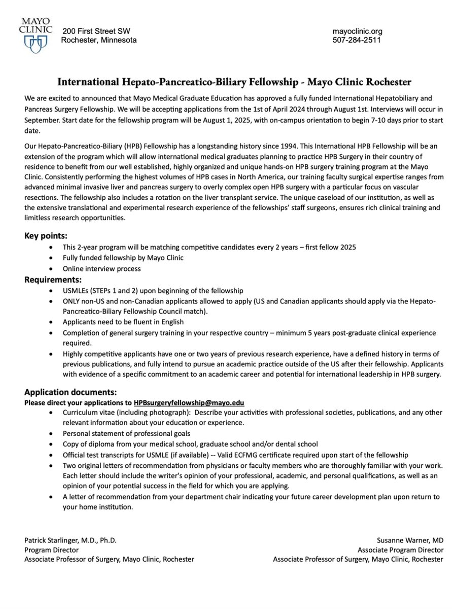 Everyone interested in #HPB look at this 🔥🔥🔥 👉#HPB fellowship at #MayoClinic Rochester Please don't forget to share✅ @hpbjournal @hpb_so @IHPBA @EAHPBA @HPBResearchUK @TELL_Starlinger @FPrimavesi @TELL_Santol @TELLpereyra @robert_sucher @schneest @MarcBesselink