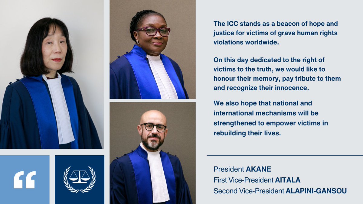 #ICC Presidency on International Day for the Right to the Truth Concerning Gross Human Rights Violations and for the Dignity of Victims ⬇

#standup4humanrights @UN 
#MoreJustWorld