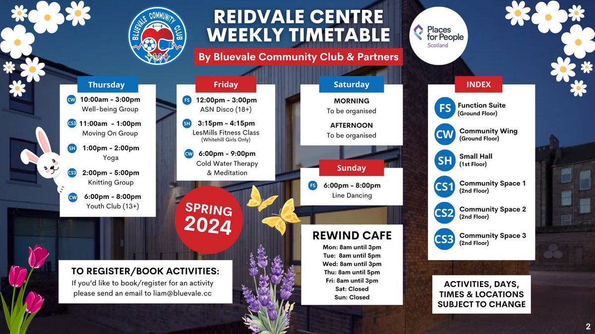 As we are now into the Spring season we have released The Reidvale Neighbourhood Centre Spring 2024 timetable 🌼🌸🐣 You can checkout the timetable below and all the activities we have on offer 🤩 If you have any suggestions or would like to bring an activity to the centre…