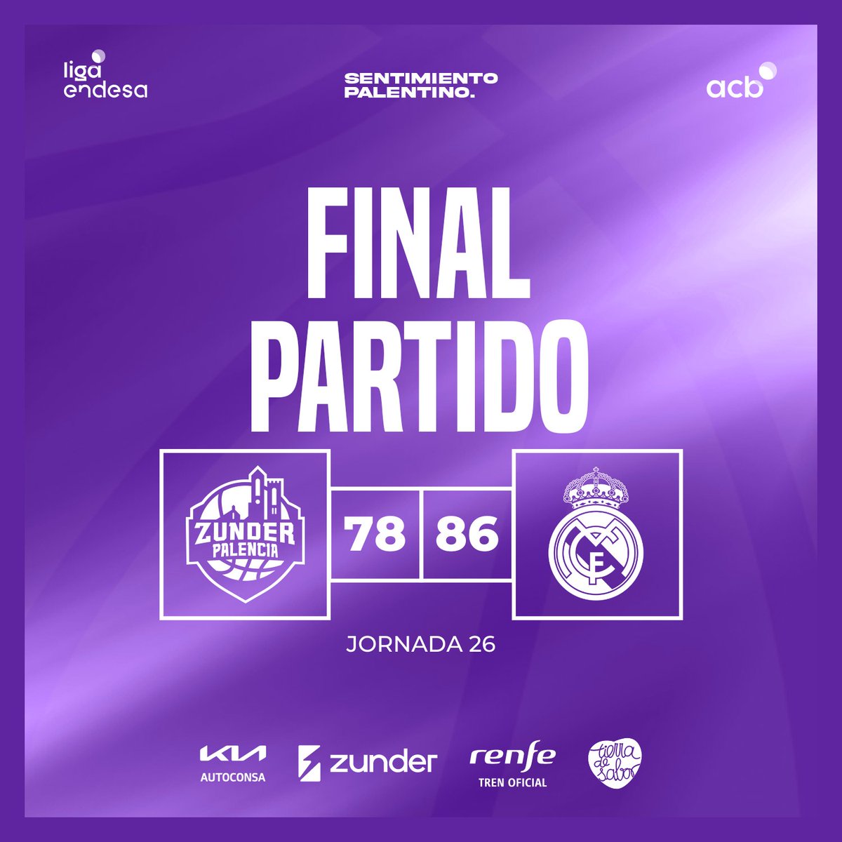 Palencia_Basket's tweet photo. JORNADA 26 
⏱️FINAL  

💪Lo hemos peleado CON TODO, pero la victoria viaja para tierras madrileñas. 
🔥💜 ¡Qué ambientazo hemos vivido! ¡Qué afición tenemos! GRACIAS, GRACIAS, GRACIAS

💜#SentimientoPalentino 
🏀 #LigaEndesa https://t.co/Ixsj52aA57