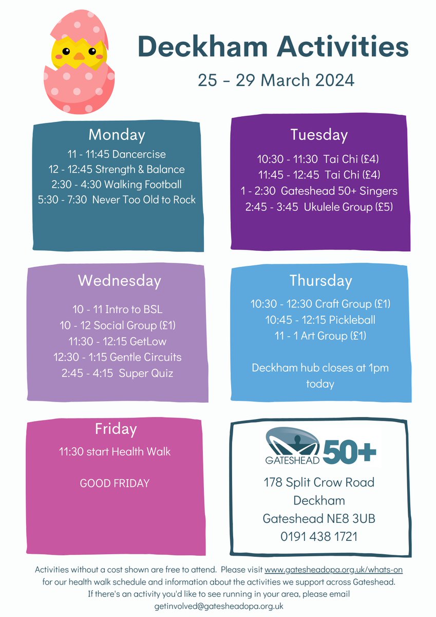 Our Deckham schedule is packed with fun opportunities for you to meet people and keep moving! 😊 Please note: 💜 Super Quiz is on Wednesday. 💜 No seated yoga on Thursday and the centre will close at 1pm. What's on for over 50s elsewhere in Gateshead: gatesheadopa.org.uk/whats-on/gates…