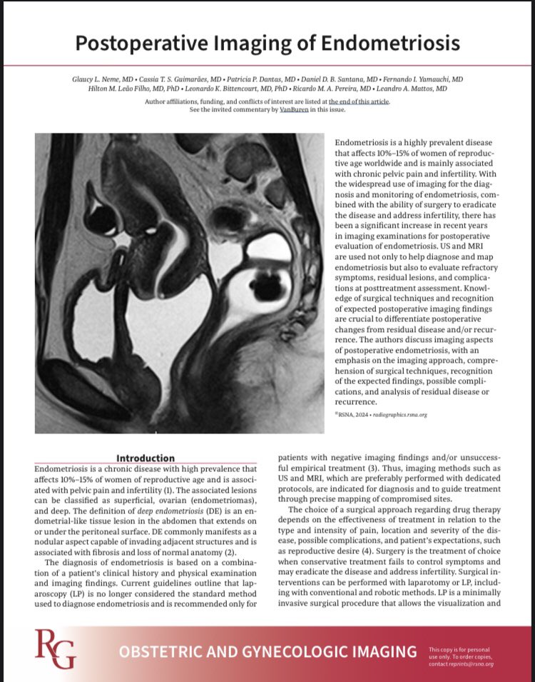 Recently published paper on postoperative imagining of endometriosis by Neme et.al. and commented by @WendalineVB