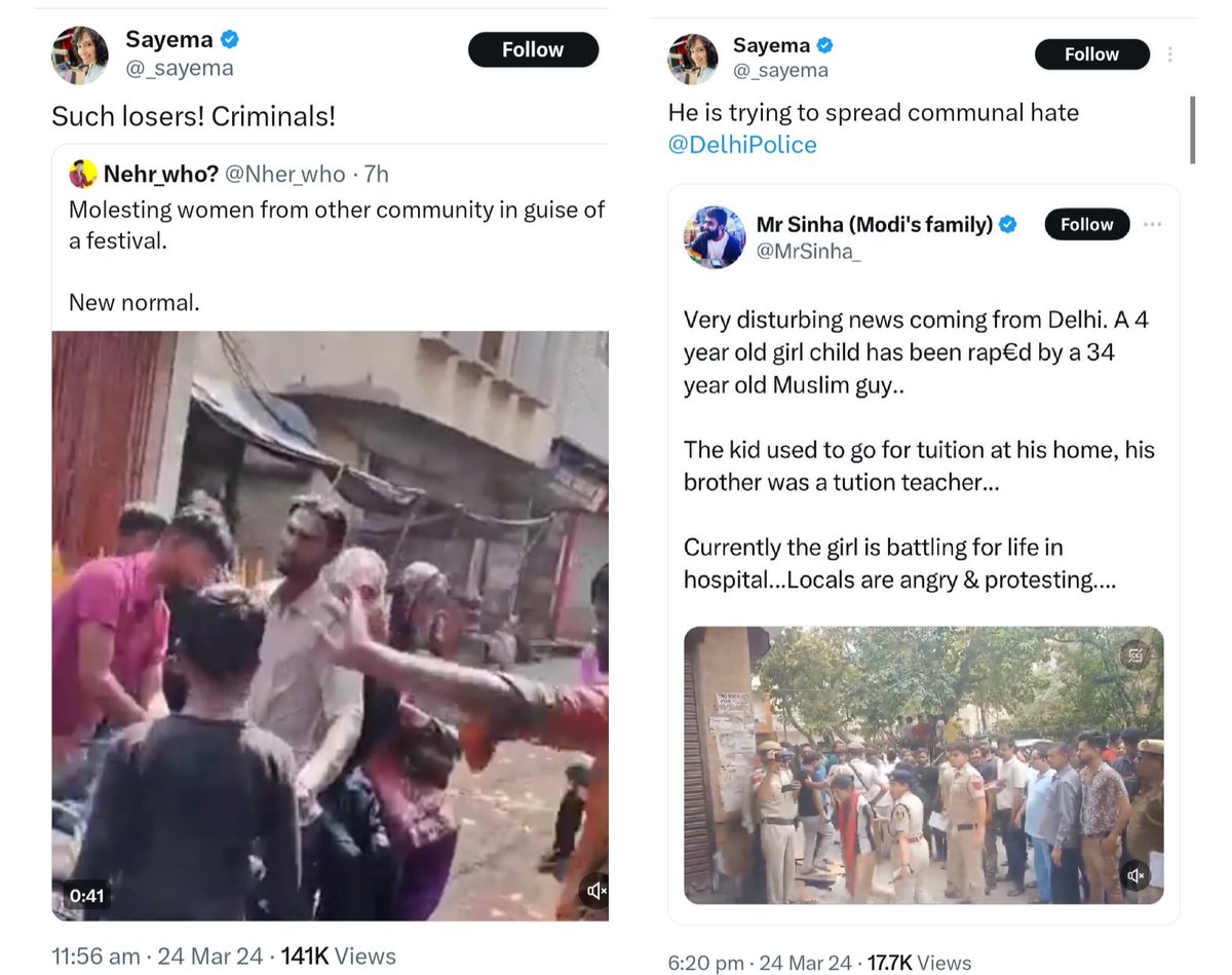 Mrsinha's tweet photo. Look at this IsIamist @_sayema, she's openly calling Hindus criminals for throwing Holi color on Muslims and other side doesn't want me to mention the rap!sts name just because he belongs to her community.

Don't go after her voice, she's more venomous than ISIS boy... https://t.co/WILnie3K67