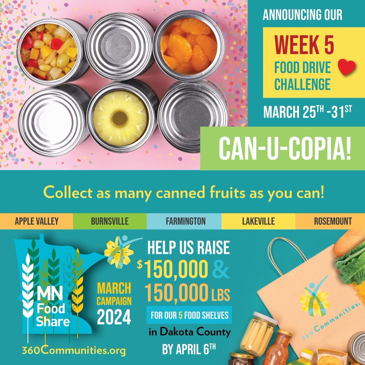 NOW is the best time of year to impact hunger in Minnesota! 🍎 Donate to 360 Communities during the <a href="/MNFoodShare/">Minnesota FoodShare</a> March Campaign, MN's largest food and fund drive of the year. Join in the fun with our weekly challenges! buff.ly/4ctkgDQ 

#HelpInTheMoment #HopeForTheFuture