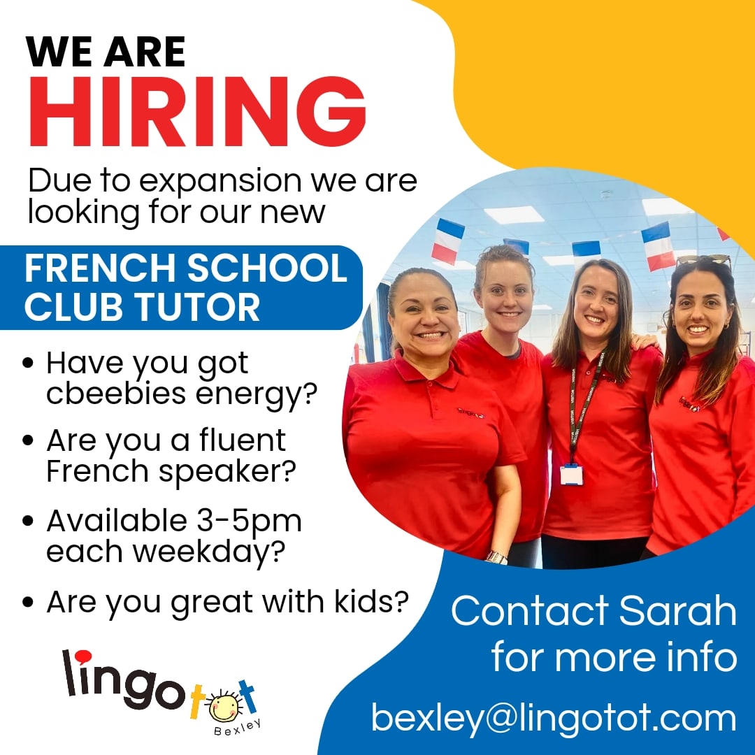 Are you our new French 🇫🇷 teacher? Looking for something part time to work around another job or studies? We need a new tutor to run 5 French After School Clubs at Primary Schools across Bexley Mon-Fri, approx. 3.15pm start. Email Sarah at bexley@lingotot.com #bexley #mfl