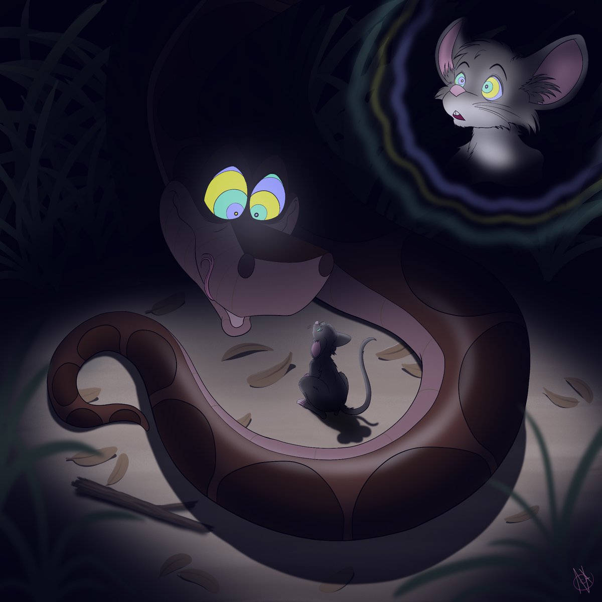 Still remember the feeling of being a kid, lights off, my eyes glued to the TV, and utterly captivated by this silly, but charming noodle. Perhaps not too different of a feeling from what this helpless little mouse seems to be experiencing in the moment. Happy #KaaDay everyone!