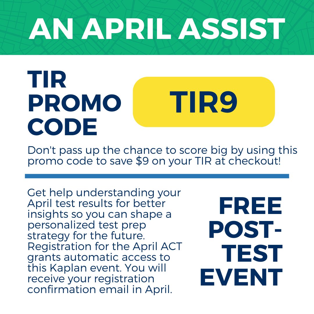 Registration closes tonight for the April ACT! This is your last chance to take the test until June! Save your seat: bit.ly/3Vql8D1 _______________ The TIR promo code must be redeemed by 11:59 p.m. CT tonight.