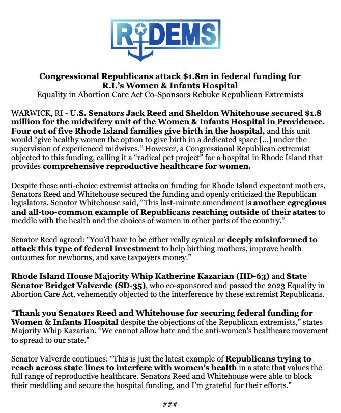 Republicans in Congress are attacking the $1.8M in federal funding @SenWhitehouse & @SenJackReed secured for Women & Infants Hospital. Read how @repkazarian & @bridget4ri, co-sponsors of the EACA passed in '23, respond to Republican attempts to interfere with women’s health: