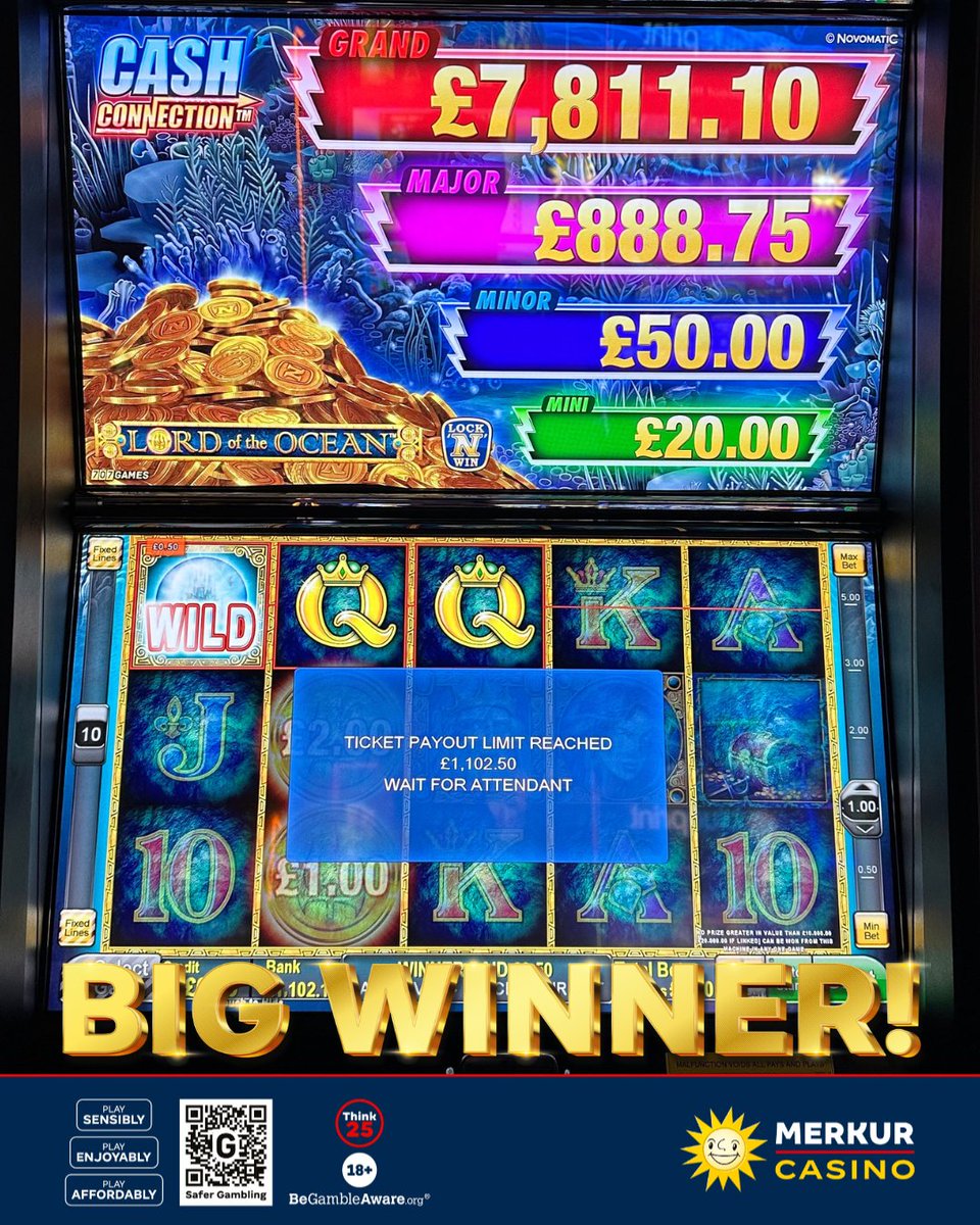 MERKURCasinoABD's tweet image. Major Jackpot WINNER!!!🎰 (18+BeGambleAware.org)

Congratulations to another Slots Jackpot Winner who WON our Major Jackpot on Lord of the Ocean Winning over £1000🤑. 

#MERKURCasino #CasinoAberdeen #SlotsWin #Jackpot #Slots #JackpotWinner