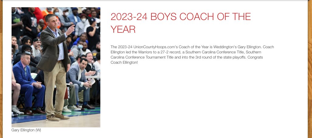 Union County Hoops, Football, Baseball & Softball (@uchoops) on Twitter photo The 2023-24 Boys All-UCHoops Coach of the Year
Weddington’s Gary Ellington
<a href="/dubboysbball/">Weddington Warriors Boys Basketball</a> <a href="/mgelling4977/">Gary Ellington</a>
<a href="/WHSwarriors/">WEDDINGTON HIGH SCHOOL ATHLETIC BOOSTER CLUB</a> The 2023-24 Boys All-UCHoops Coach of the Year
Weddington’s Gary Ellington
<a href="/dubboysbball/">Weddington Warriors Boys Basketball</a> <a href="/mgelling4977/">Gary Ellington</a>
<a href="/WHSwarriors/">WEDDINGTON HIGH SCHOOL ATHLETIC BOOSTER CLUB</a>