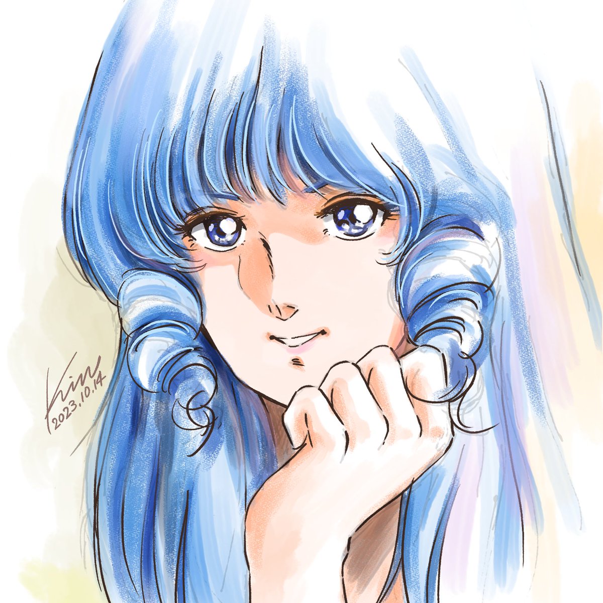 1girl solo long hair looking at viewer smile blue eyes blue hair  illustration images