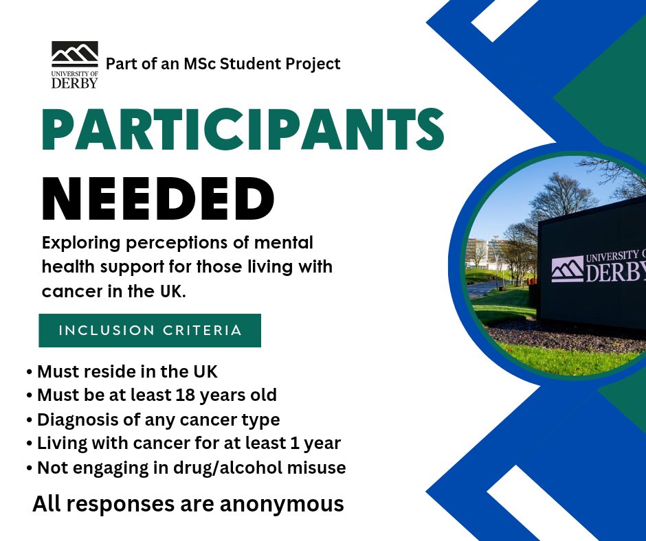 I am in my final year of my Health Psychology MSc, and i'm looking for individuals living with cancer in the UK who would be interested in taking part in a short anonymous survey on mental health support. 

Thank you - please share. 

Link to survey: derby.qualtrics.com/jfe/form/SV_6R…