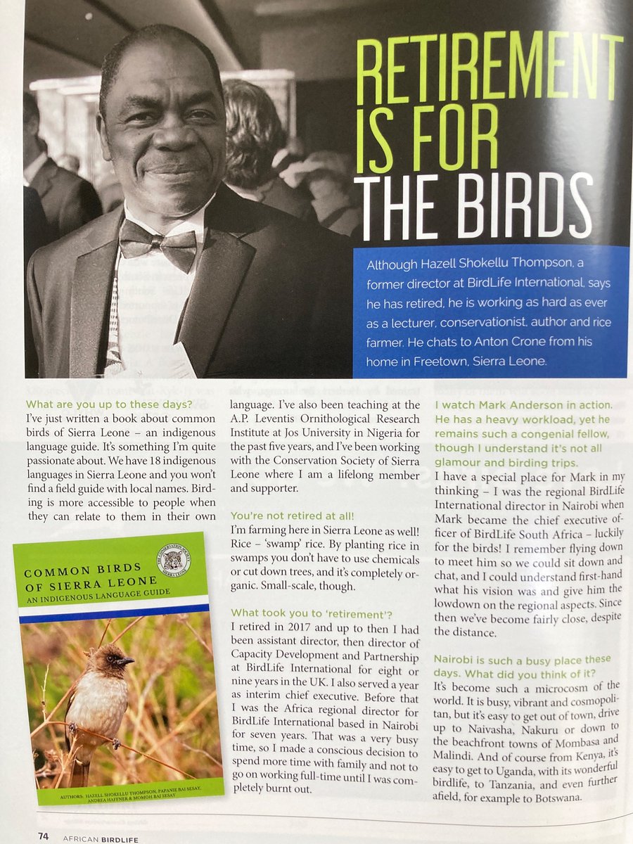 What a treat to read this lovely interview with @ShokelluT, one of my predecessors at @BirdLife_News, in the latest issue of @BirdLife_SA magazine. Hazell is one conservation’s greats & it was so good to be reminded of the early research he did in @Golarainforest in 1980s.👏👏👏