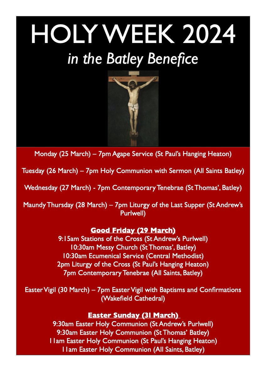 This is Holy Week! We have services every week at 7pm across our team, and services and events in all four of our churches on Good Friday. Easter Sunday's services are at 9:30am in St Thomas' and St Andrew's and 11am at Batley Parish Church and St Paul's! All welcome.