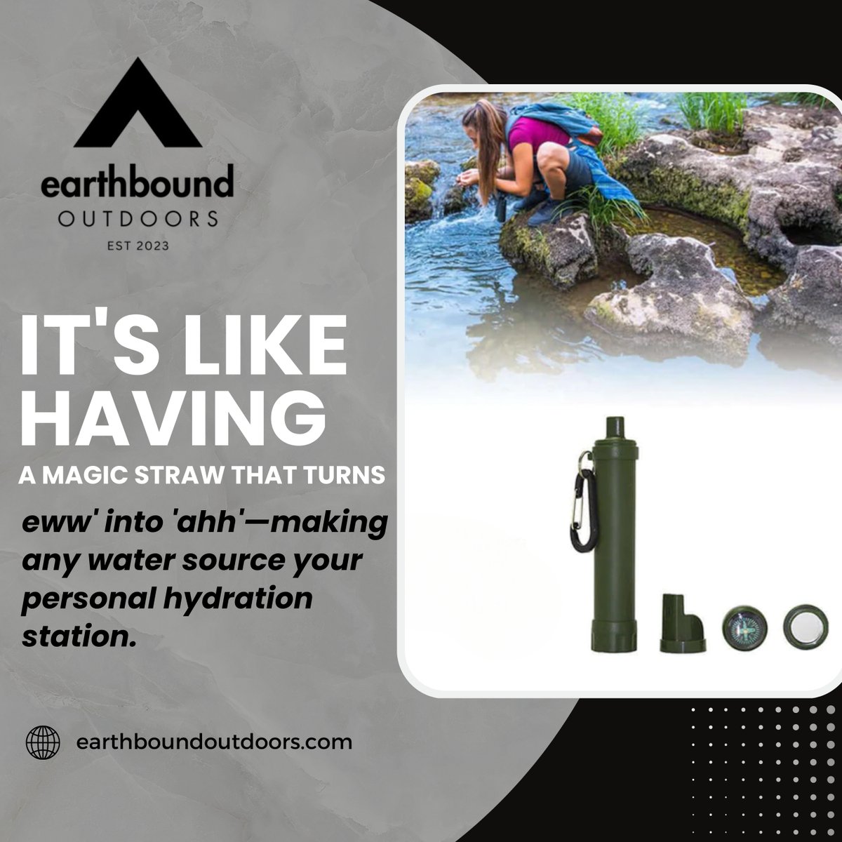 earthboutdoors's tweet image. Thirsty for adventure but not so much for that questionable stream water? 🤔💦 Introducing our Survival Filter for Camping and Hiking! It's like having a magic straw that turns 'eww' into 'ahh'—making any water source your personal hydration station. 🌊✨ #earthboundoutdoors