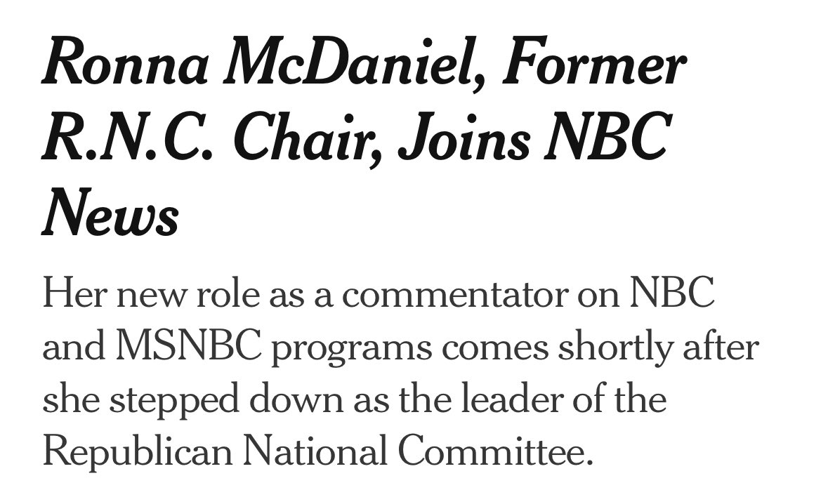 EricSchultz's tweet photo. The New York Times story announcing NBC’s hire makes zero mentions of her demonizing reporters
conspiring to install fake electors
denying the 2020 election results

how is that possible? https://t.co/Soo9cVxajy