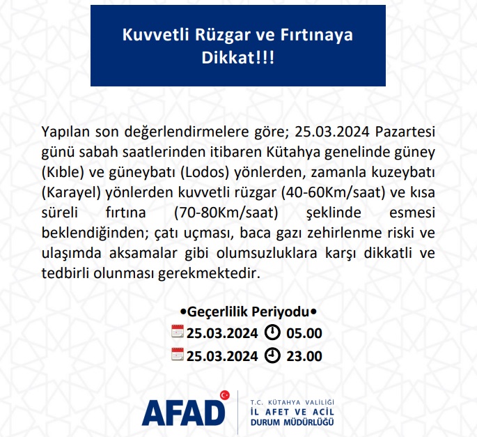 Kuvvetli Rüzgar ve Fırtınaya Dikkat!!!