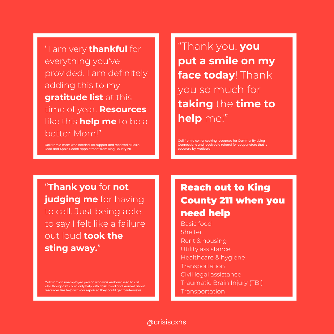 CrisisCXNs's tweet image. 211 callers access help every day like #BasicFood and #CommunityLivingConnections:

“Thank you, you put a smile on my face today! Thank you so much for taking the time to help me!” 💛

Reach out by dialing 211 ☎️
M-F | 9-5
Search our database 24/7 🔎
ow.ly/6Urm50QZXwY