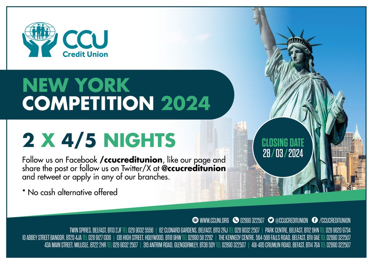 CCUCreditUnion's tweet photo. 💥📣 COMPETITION TIME! 📣💥 

☘️ Win an amazing trip for 2 people to New York! 

See below for details 👇

* No cash alternative offered

🍀 Good luck 🍀 https://t.co/RXR6DINRym