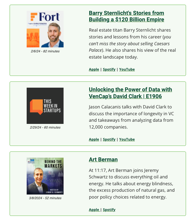 🎙️ Top Investing Podcasts of the Week 🎙️ @fortworthchris w/ @b_sternlicht on the real estate market thefortpod.com/barry-sternlic… @Jason w/ @daveclark85 on VC power laws thisweekinstartups.com/episodes/Bdc80… @JeremyDSchwartz w/ @aeberman12 on energy markets soundcloud.com/user-20931378/…