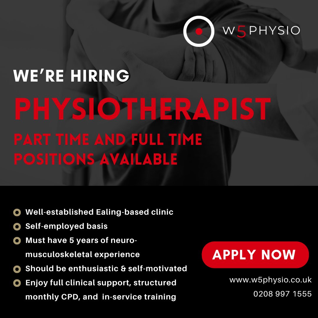 ⭐️ PHYSIOTHERAPIST WANTED!!⭐️ Have you seen we're hiring? Do you know anyone who'd be perfect for our team?🤝 If you'd like to know more, get in touch with us at w5physio.co.uk. Or you can see the full details of the job, and apply, here: shorturl.at/dotuO