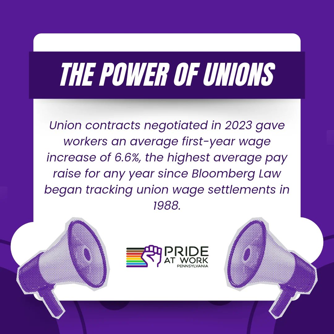 Incredible yet obvious news! Union contracts negotiated in 2023 gave workers an average first-year wage increase of 6.6%, the highest average pay raise for any year since Bloomberg Law began tracking union wage settlements in 1988. ✊️✊🏽✊🏿 #1u #unions