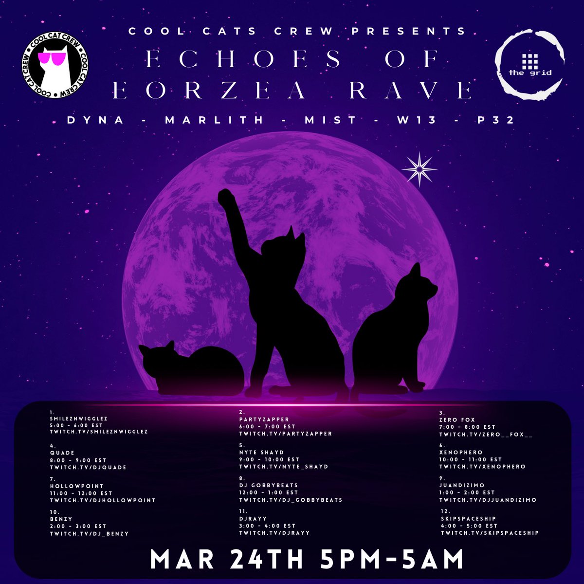 🎉 Get ready to dance the night away at the Echoes Of Eorzea Rave in Final Fantasy 14! 🌟 Join us on March 24th from 5PM to 5AM EST at The Grid club located at Dyna - Marlith - Mist - W13 P32! Let's light up the night with music, friends, and unforgettable moments! #EorzeaRave