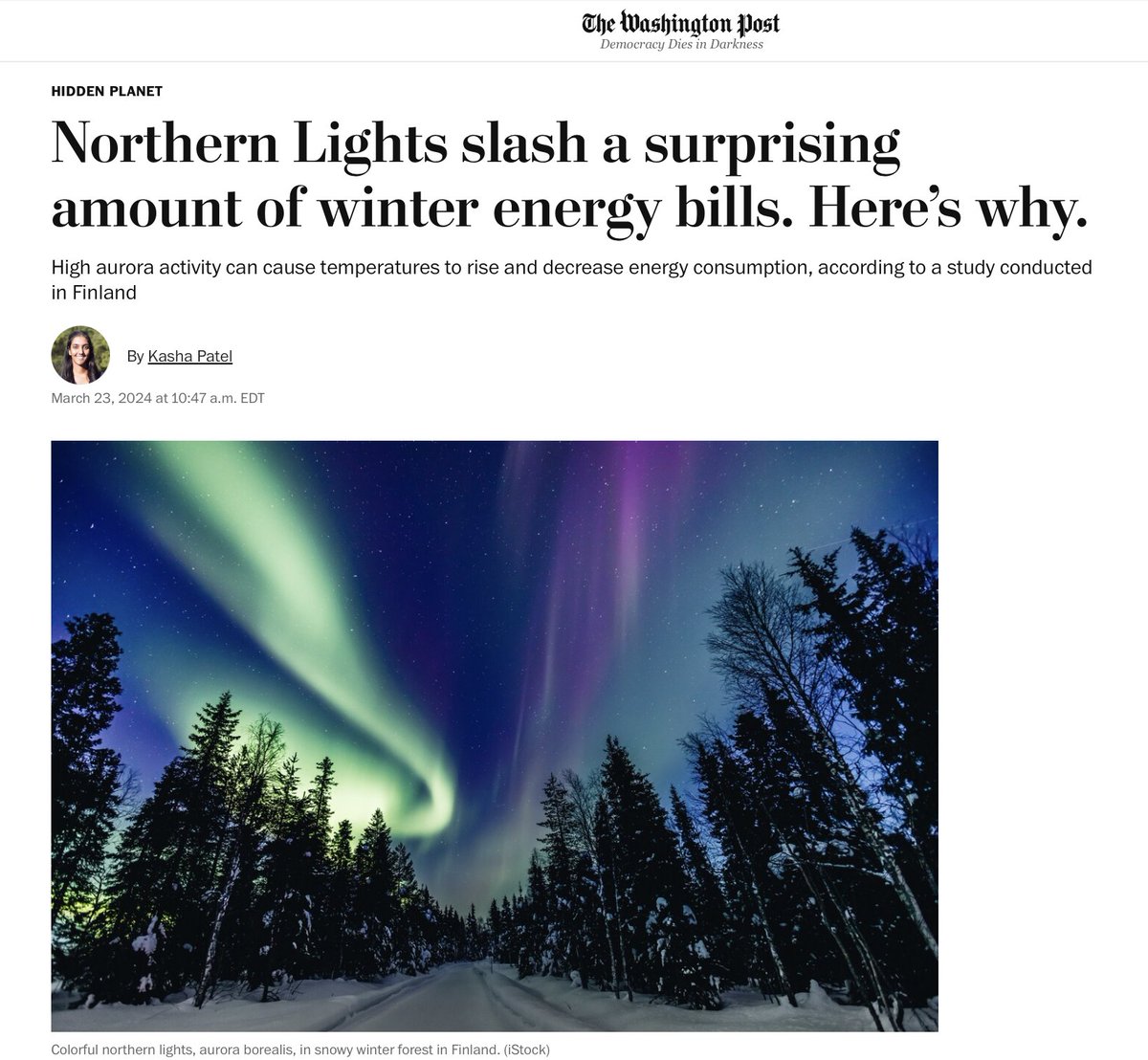 Science not so settled: Northern Lights (caused by charged particles from the Sun) causing enough warming to reduce heating bills in Finland, reports new study. We had been told it was emissions causing the Arctic to warm faster than the rest of the planet.…