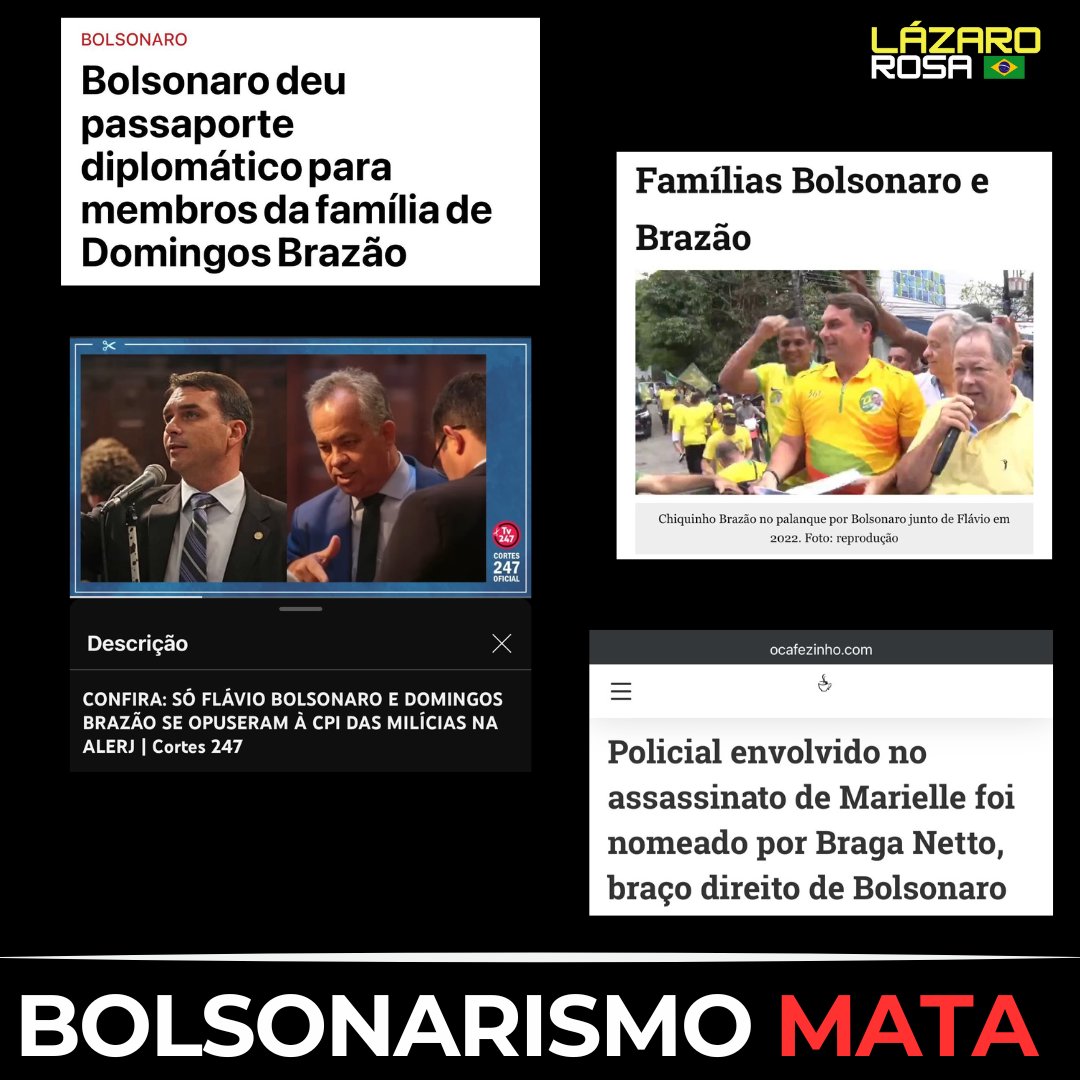 lazarorosa25's tweet photo. - Braga Netto nomeou delegado que foi um dos mandantes do assassinato de Marielle Franco.

- Flávio Bolsonaro e Domingos Brazão foram os únicos contrários à CPI da MILÍCIA.

- Bolsonaro dá passaporte diplomático para Família Brazão após assassinato de Marielle Franco.

- Bolsonaro passa 4 anos no governo sem nenhum avanço nas investigações do assassinato de Marielle Franco.

- Família Brazão faz campanha fervorosa para reeleição de Bolsonaro.

BOLSONARISMO MATA!