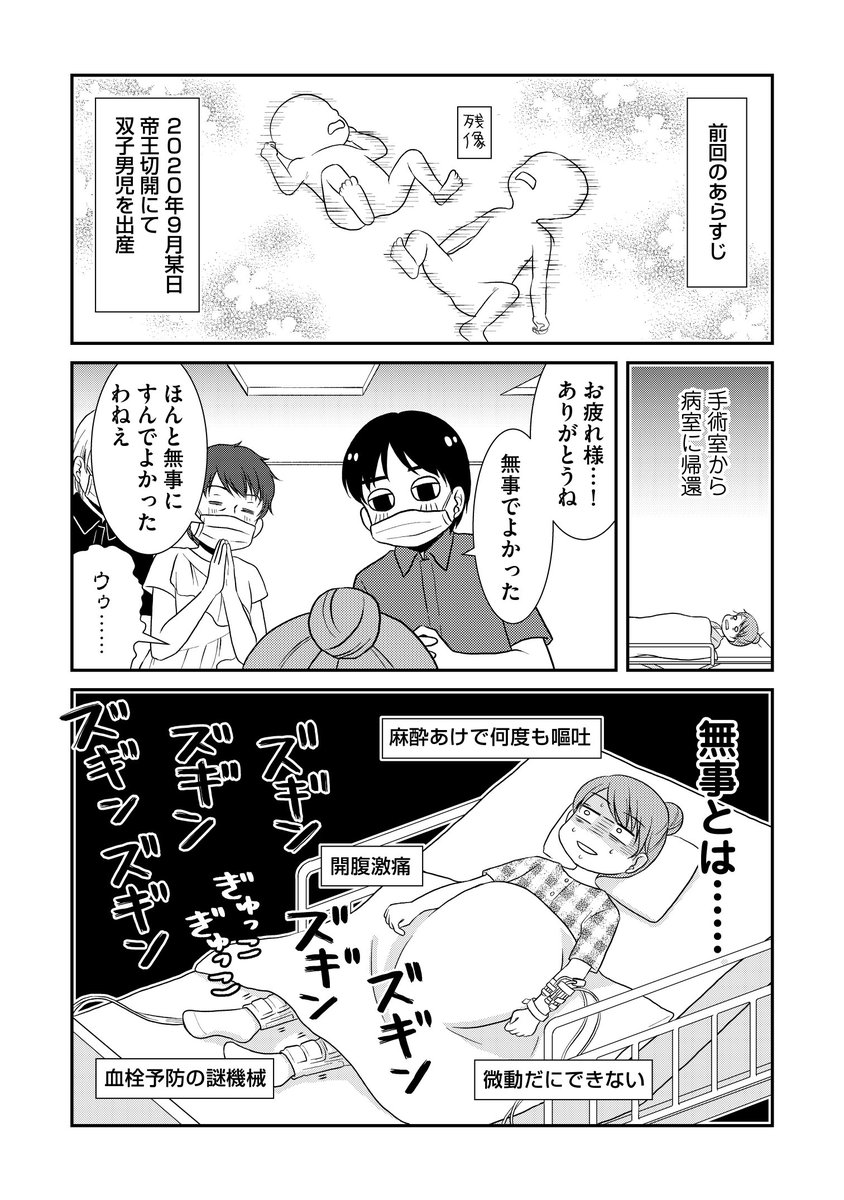 まあ正直に申しまして、予定帝王切開だったので先生は頑張って下さいましたが、私はほとんど何もしていない。出産は麻酔が効いてて楽でした。出産「は」
(画像は「なんもわからん双子育児」の5話です)
#正直出産ってどうだったか教えて