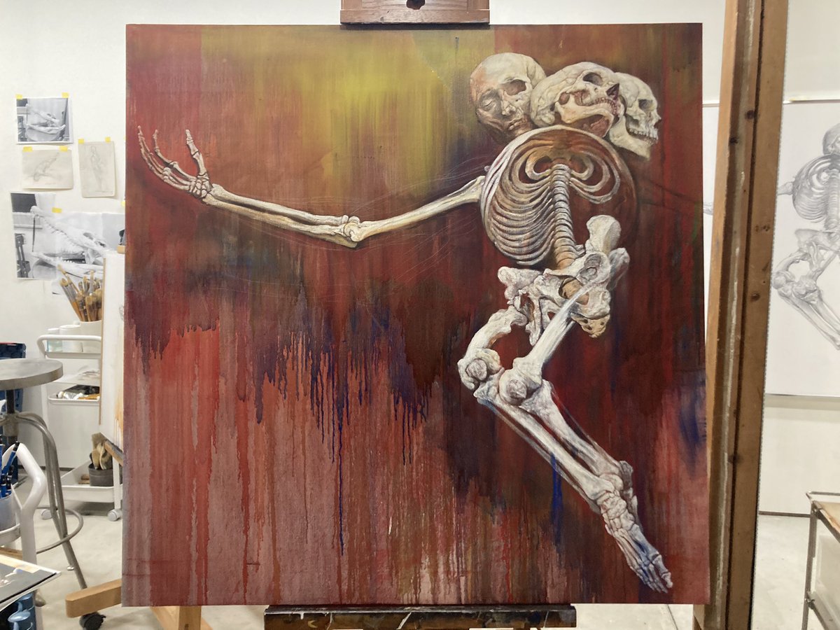 no humans traditional media table painting (medium) skeleton art tools in frame general  illustration images