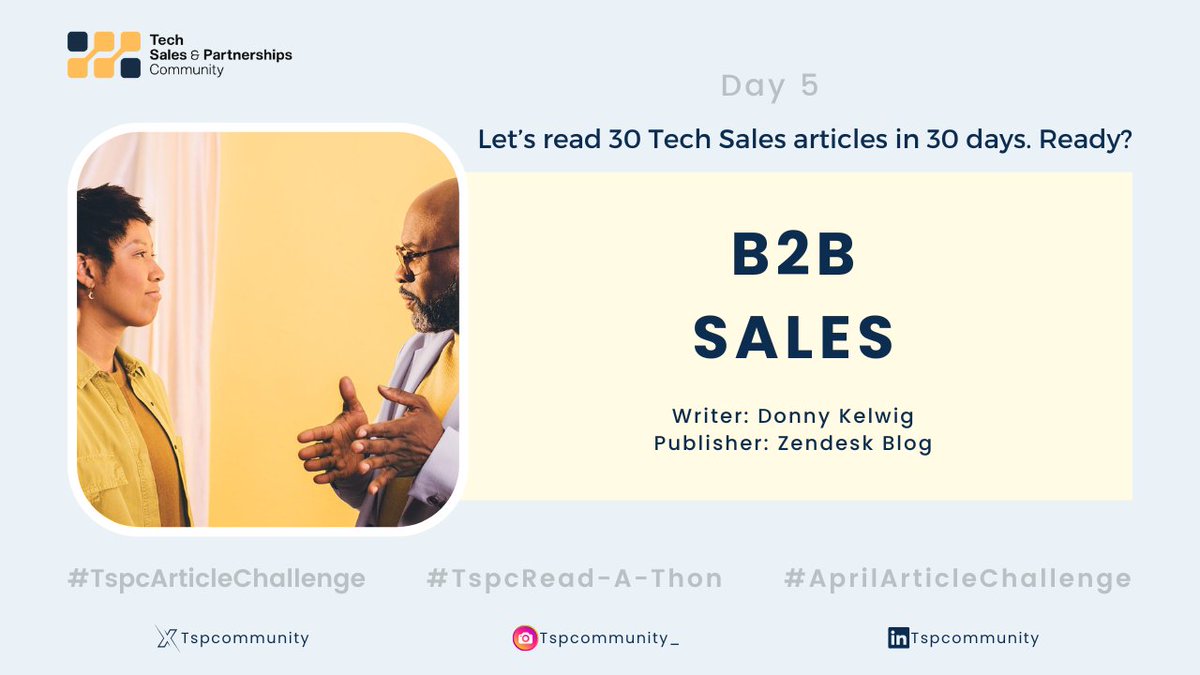 Tech Sales Read-A-Thon🚀 Day 5️⃣

Read and comment on one point you learned about B2B Sales. Let’s go! 🙌

Learn some strategies & tips for B2B Sales
🔗zendesk.com/blog/b2b-sales/

#TspcArticleChallenge #AprilArticleChallenge #TspcReadAThon #TechSalesArticleChallenge