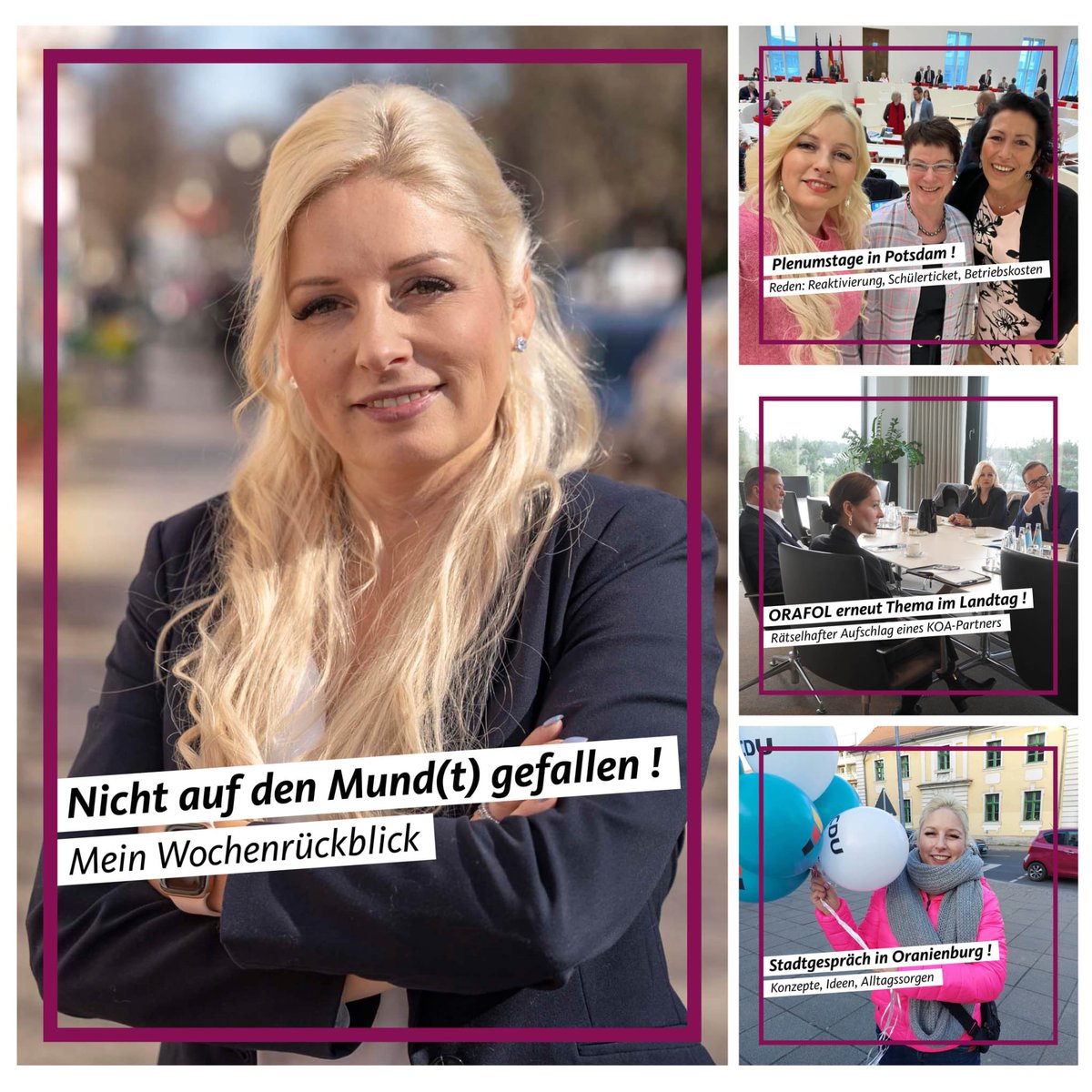 Nicht auf den Mund(t) 💋 gefallen – Mein Wochenrückblick mit folg Themen: Neuer #Asphalt in Oberhavel, 10-Punkte #Sofortprogramm der CDU-Fraktion, Plenumsreden im #Landtag, Meine Meinung zur neuen #ORAFOL Debatte, #Stadtgespräch in Oranienburg, Mehr rb.gy/4wwjny