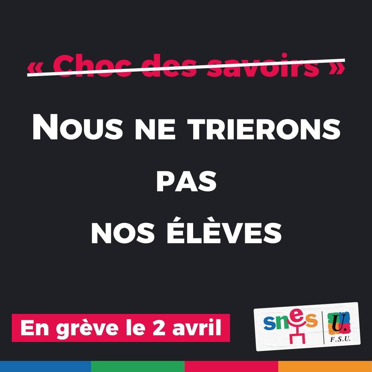 NON au "choc des savoirs"
OUI au choc des SALAIRES et des MOYENS !
📣Le <a href="/SNESFSU/">SNES-FSU</a> appelle à la résistance et à l'action contre le #ChocDesSavoirs, pour une revalorisation salariale sans contreparties et pour des moyens pour l’École publique !
➡️snes.edu/article/appel-… #grève2avril