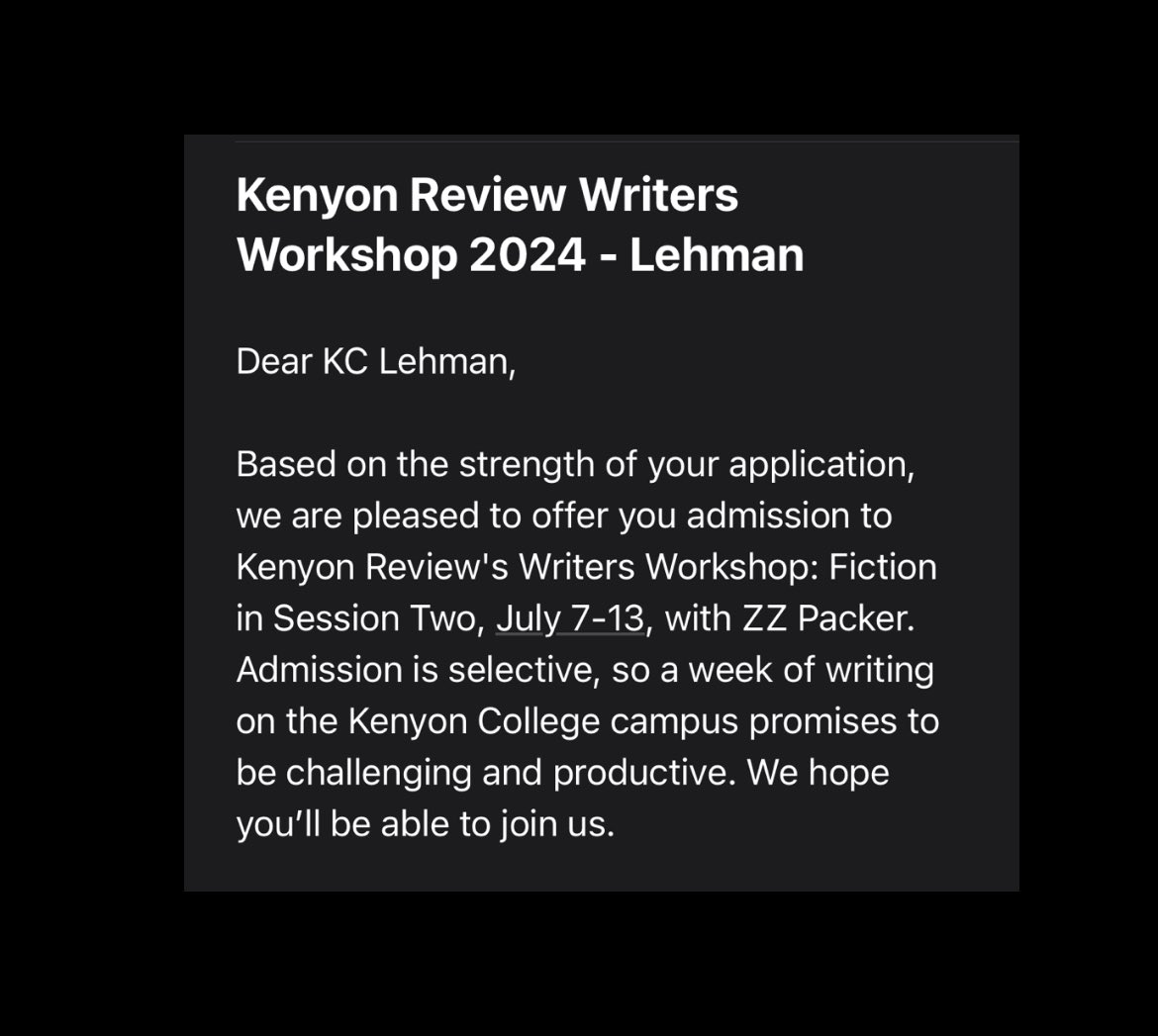 Been sitting on this for a week in a state of disbelief. Looking forward to summer with @kenyonreview and drumroll please… @zzpacker !!! *bites fist* 🙌🏾