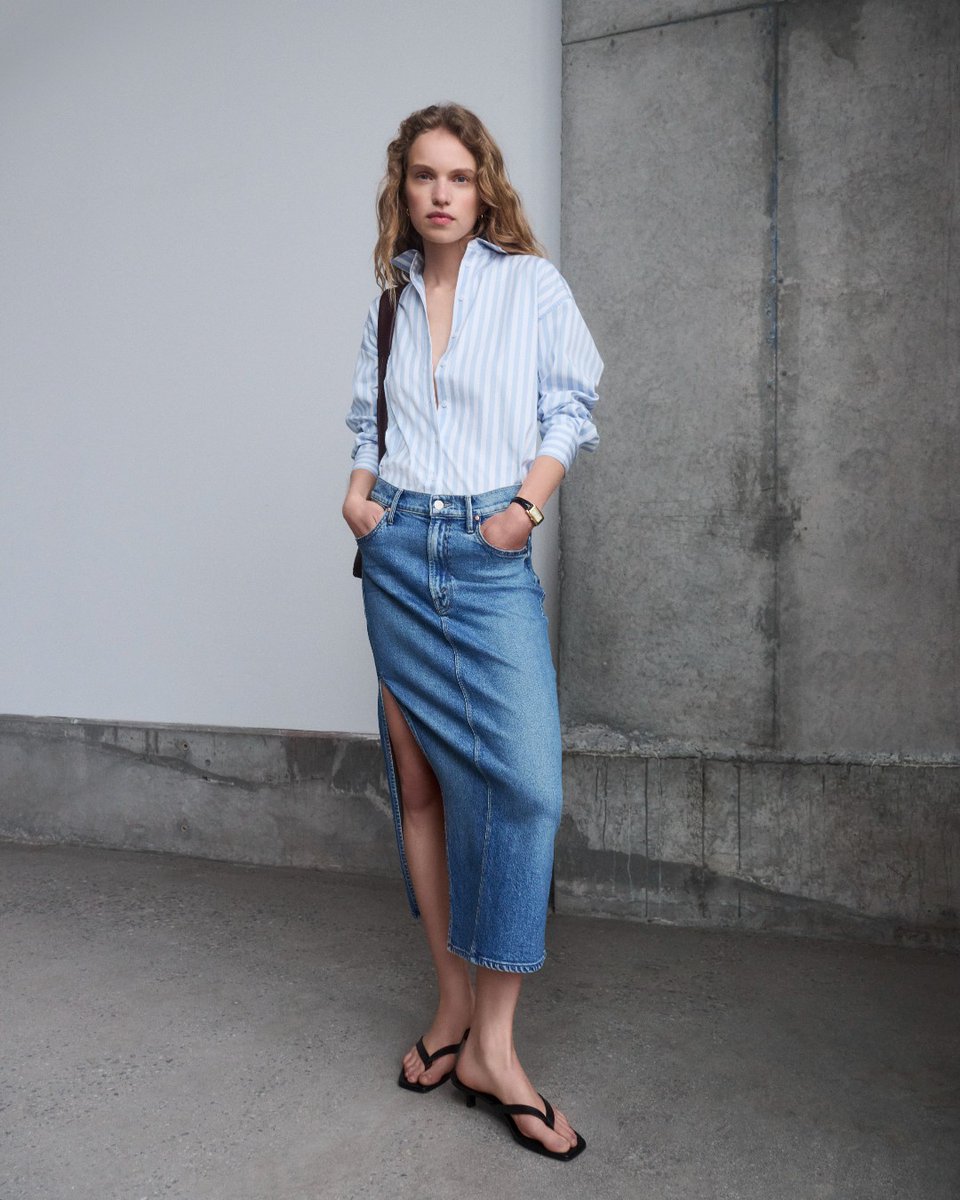 Elevate your everyday: With effortless staples like our classic stripe button down and side-slit denim midi skirt from @motherdenim, you'll never overthink getting dressed again. bit.ly/4acZ2sk