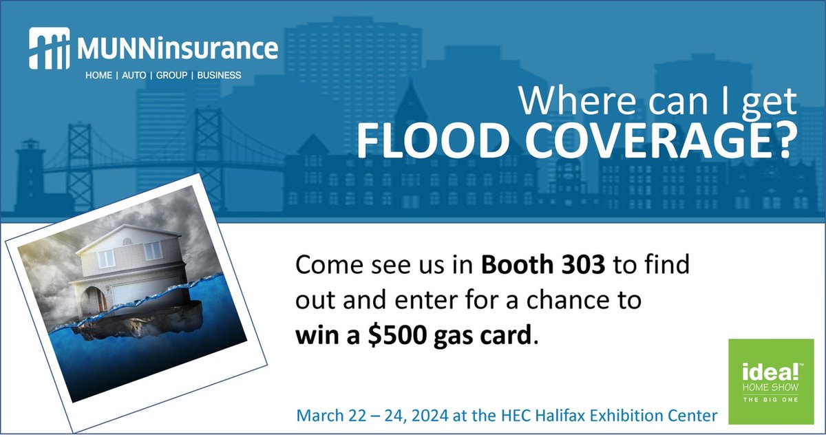 MunnInsurance's tweet image. 🌊🏡 Spring thaw approaching? Learn about flood coverage at Booth 303, Nova Scotia Spring Ideal Home Show! Munn Insurance shares valuable tips on home and auto insurance. Win a $500 gas gift card too! Don't miss out! 🚗💰