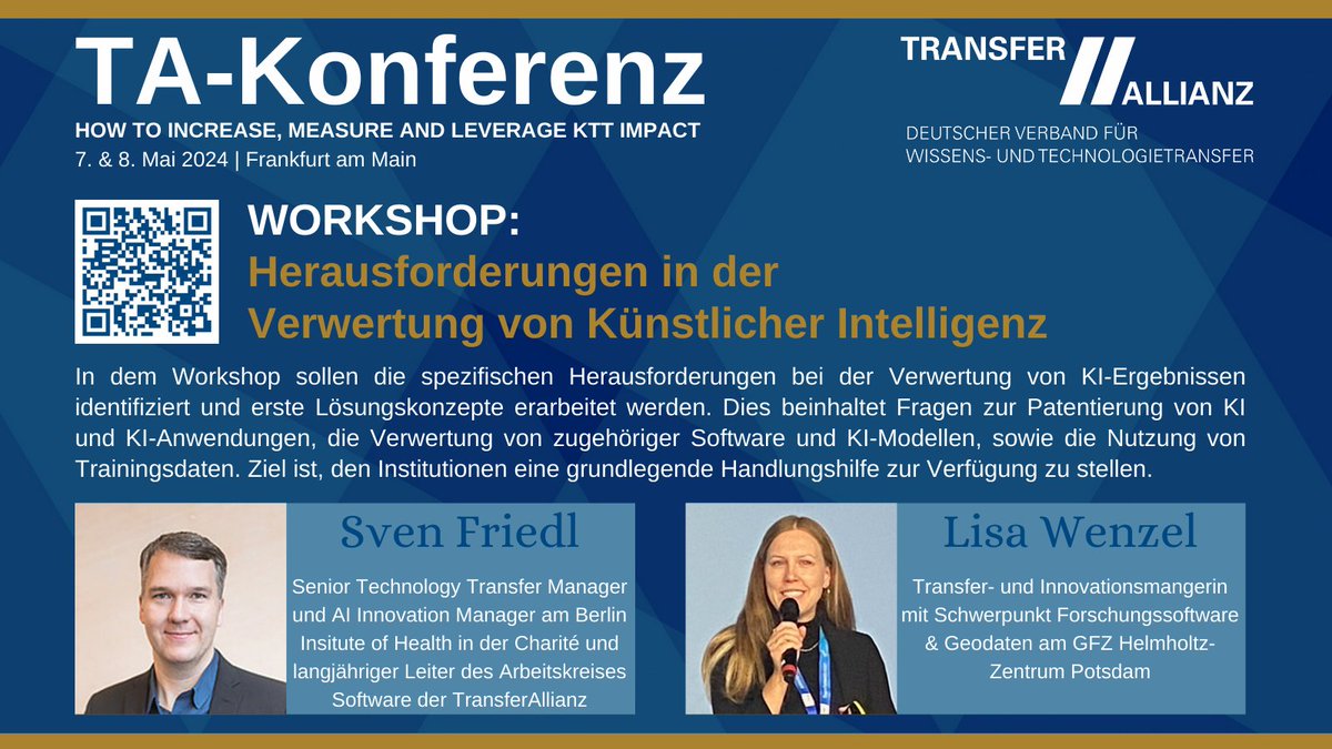 Herausforderungen in der #Verwertung von #KünstlicherIntelligenz

Durch den #Workshop bei der #TAKonferenz führen Sie:
✅Sven Friedl, @berlinnovation 
✅Lisa Wenzel, <a href="/GFZ_Potsdam/">GFZ</a>

👉Seien Sie am 07. &amp; 08. Mai dabei
👉transferallianz.de/ta-konferenz-2…

#Technologietransfer #Wissenstransfer
