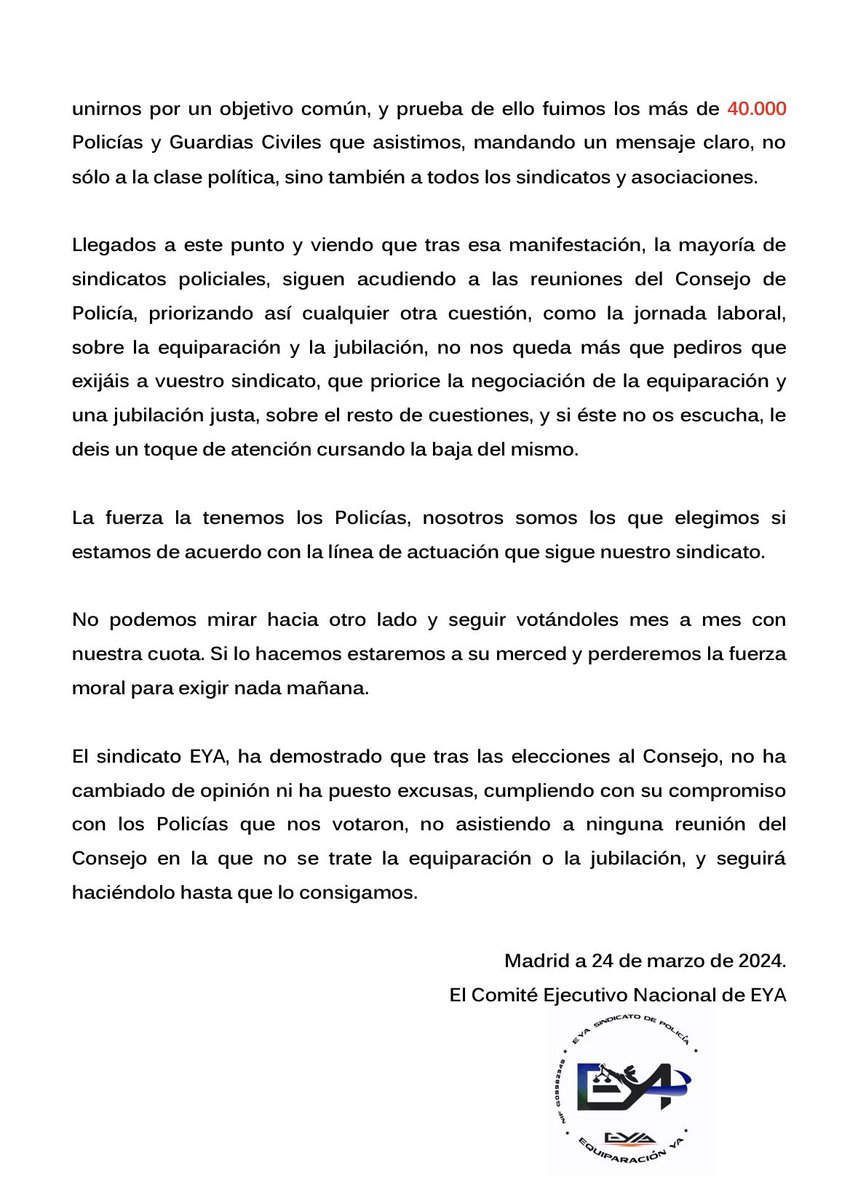 AFAPOL_'s tweet photo. URGENTE‼️ | El sindicato @EYAPolicia hace un llamamiento a todos los AFILIADOS de los diferentes sindicatos representativos en el #ConsejoDePolicia

Entrevista donde se explica de forma rigurosa el paso “del diálogo a la acción”  ⤵️

https://t.co/MTWhsGFlgh 🎙️

#EquiparacionYa https://t.co/zzRsEAwfnO