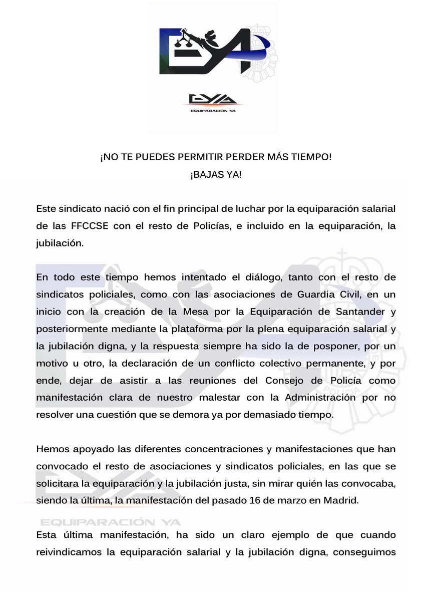 AFAPOL_'s tweet photo. URGENTE‼️ | El sindicato @EYAPolicia hace un llamamiento a todos los AFILIADOS de los diferentes sindicatos representativos en el #ConsejoDePolicia

Entrevista donde se explica de forma rigurosa el paso “del diálogo a la acción”  ⤵️

https://t.co/MTWhsGFlgh 🎙️

#EquiparacionYa https://t.co/zzRsEAwfnO