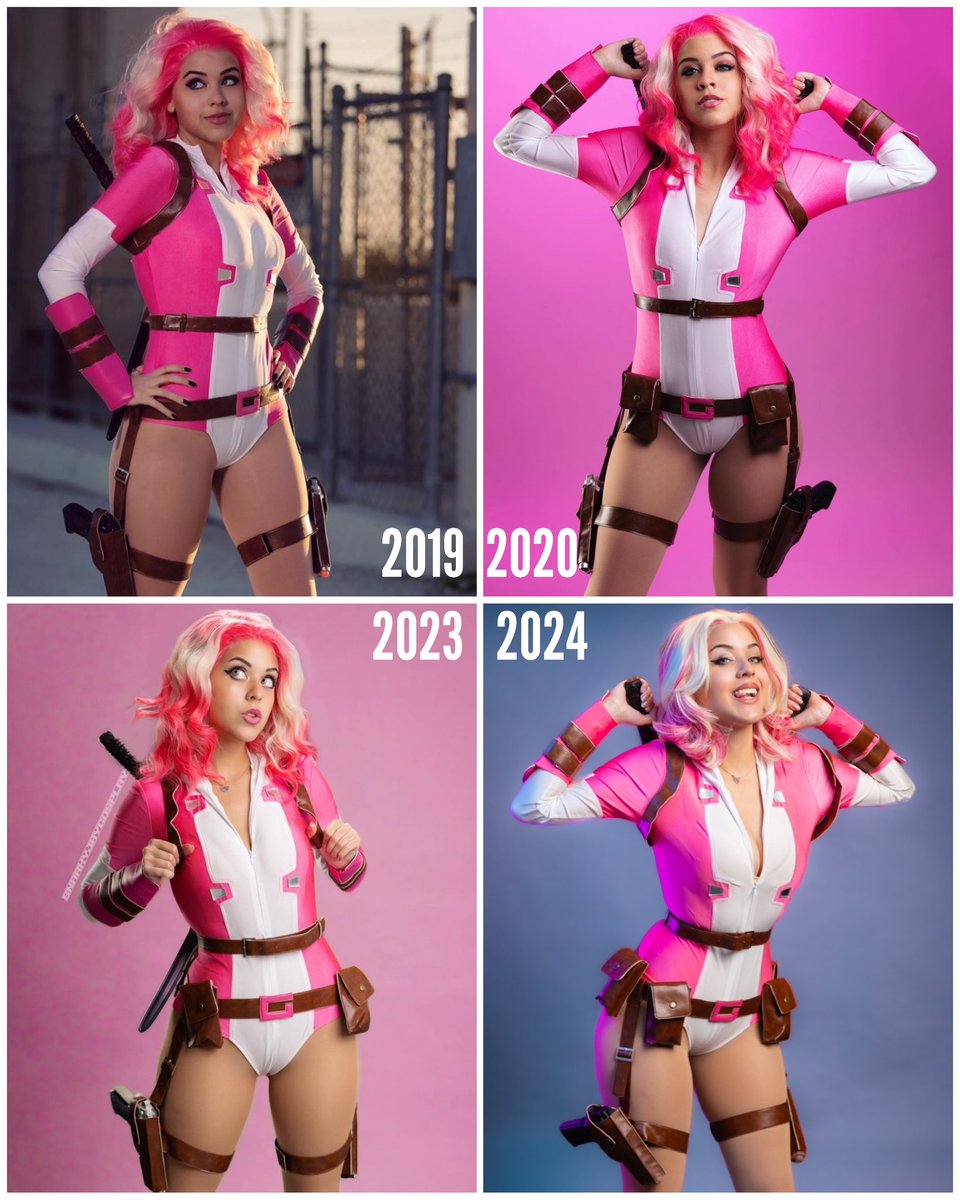 Progress of my #Gwenpool cosplay over time! Super happy with 2024, I cut and styled that wig myself :)