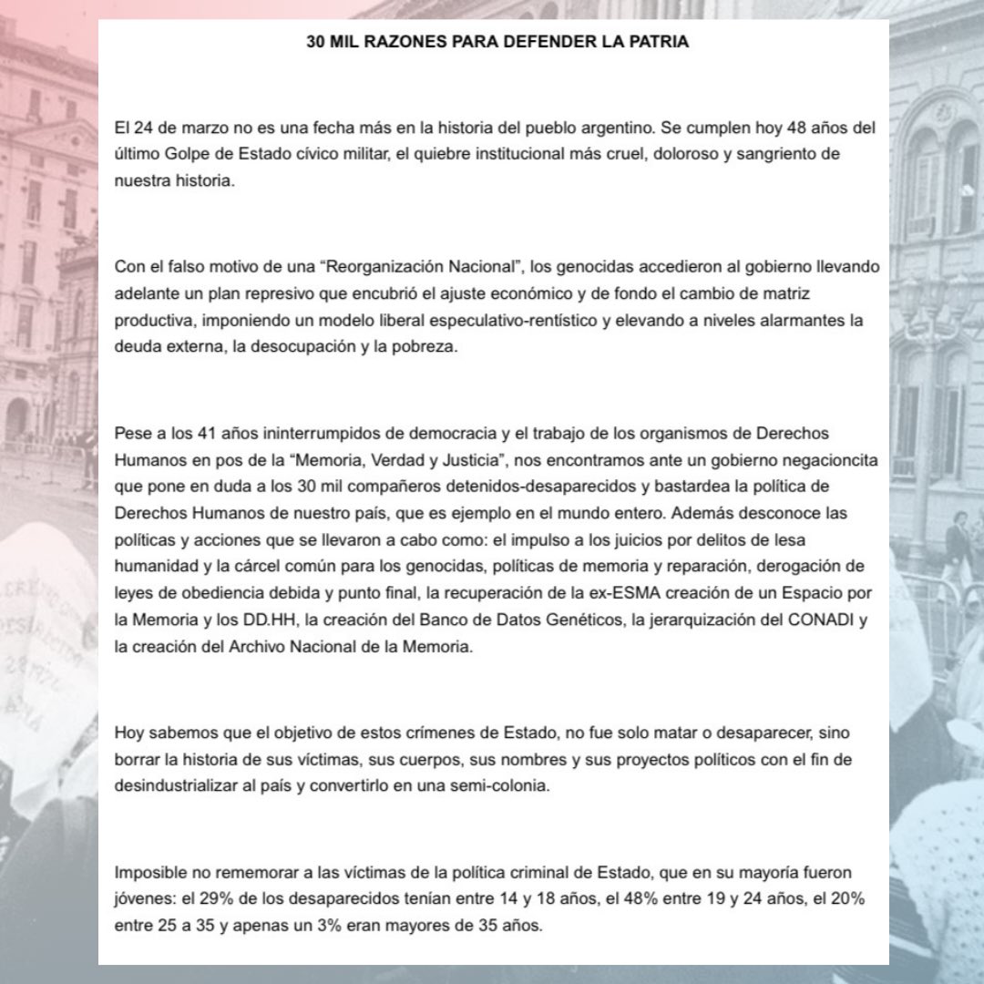 juventudcta's tweet photo. 30 MIL RAZONES PARA DEFENDER LA PATRIA

@cepa_nacional
@jovenes_nep
@revistachispa
@jovenes_ccc
@frenterenovadoroficial
@niunpibemenosxladroga
@mus.nacional
@utep_oficial
@aires.caba
@jovenesdepiefederal
@jovenesdepie_bsas
@jpevitafederal
@jpevitacaba
@jpnacional_
@la_campora https://t.co/OVVlFUZj7R
