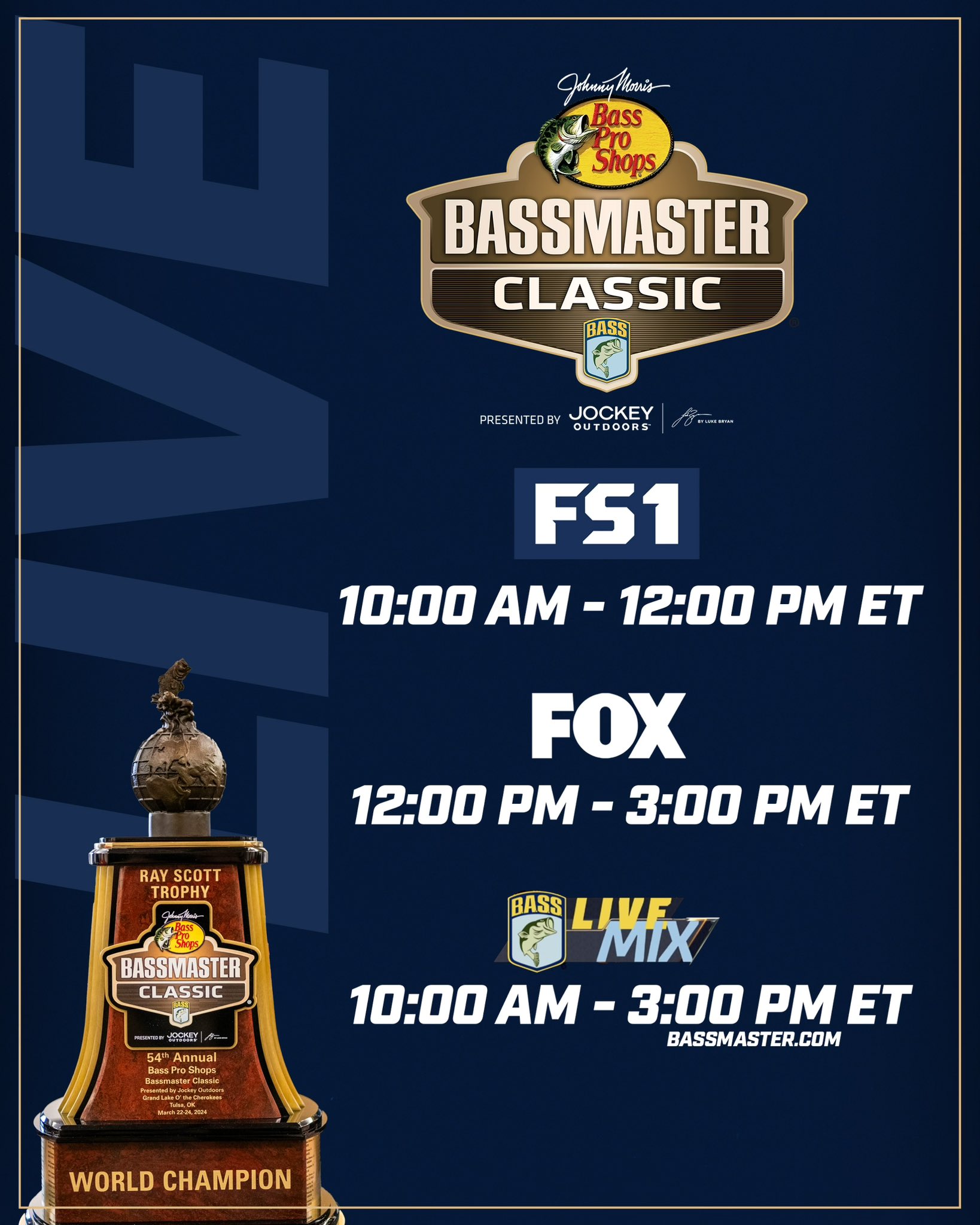 Bassmaster on X: It's Championship Sunday of the 2024 Bass Pro Shops Bassmaster  Classic presented by Jockey Outdoors! Tune in 📺 for all the action on FS1,  FOX and  #bass #Bassmaster #