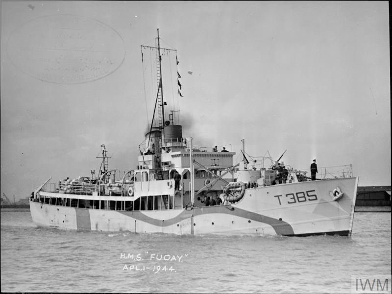 Isles class minesweeping trawler HMT Fuday (T 385) T/Lt. Clifford Campion, RNVR: Commissioned 24.03.44.