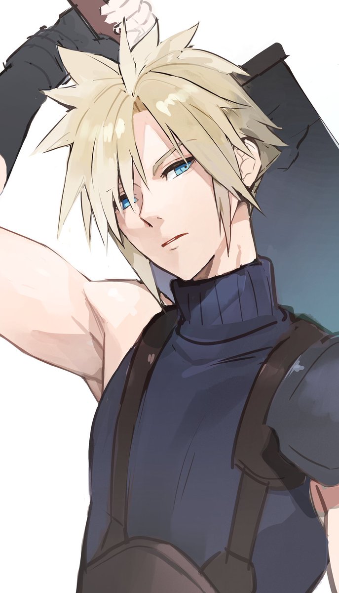 cloud strife solo looking at viewer short hair blue eyes simple background blonde hair white background  illustration images