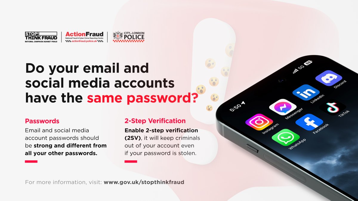 ⚠️ Using the same password for multiple accounts? That means criminals only need to steal one of your passwords to hack into multiple accounts. ✅ Email & social media passwords should be strong and different from all your other passwords. 🔗ow.ly/hOw950QT0PF #TurnOn2SV