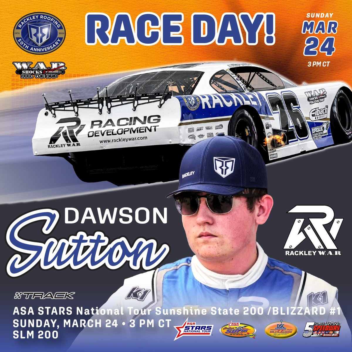 .@dawsonsutton26 puts on his game face today because all cards are on the table for the @racewithstars and @SoSuperSeries #SunshineState200 from @5FlagsSpeedway! ☀️ 🏁 Tech is open, qualifying is set for 12 Noon, and the green flag flies at 3:00 p.m. CT! 📺: TrackTV