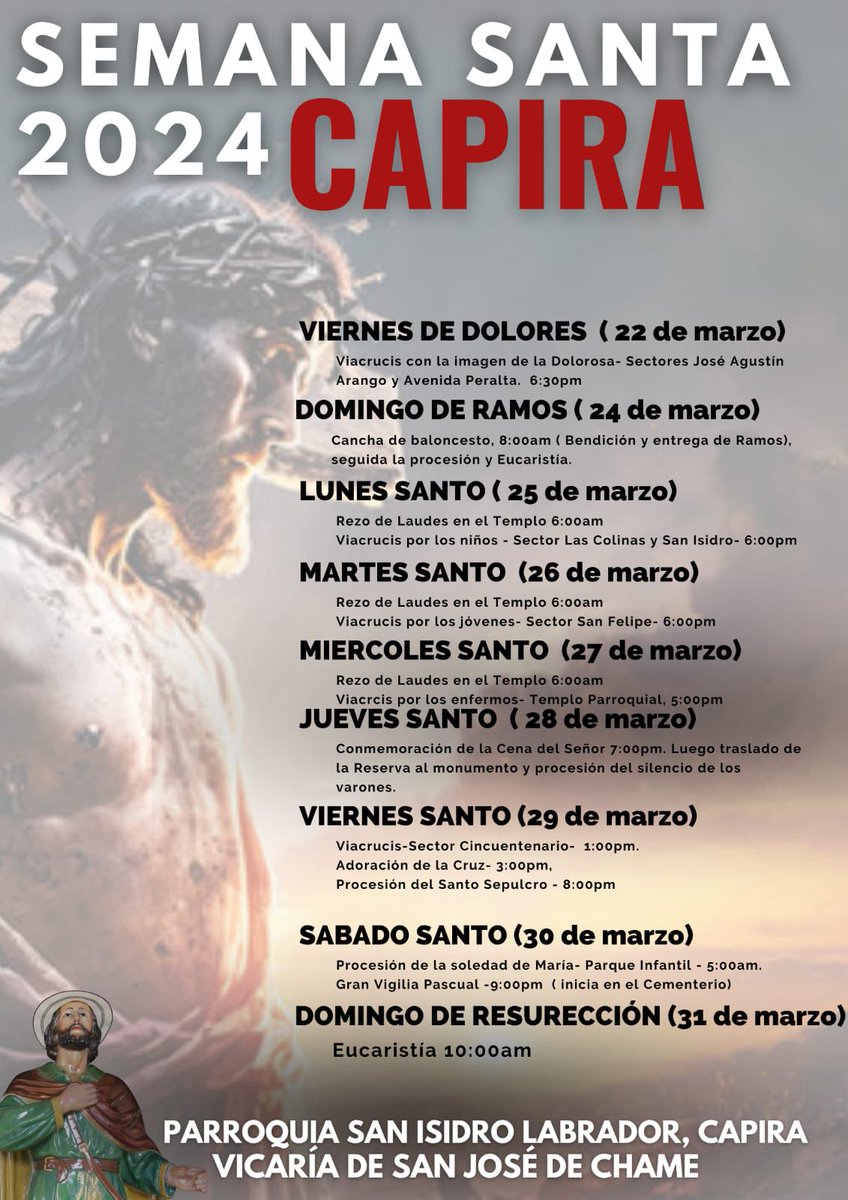 Programa de Semana Santa 2024 de la Parroquia San Isidro Labrador en Capira.