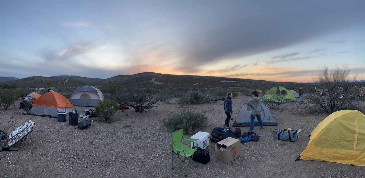 UH Geologic Field Methods in Big Bend National Park. Day 7/7, departure and return to Houston. Photo: packing with the sunrise.